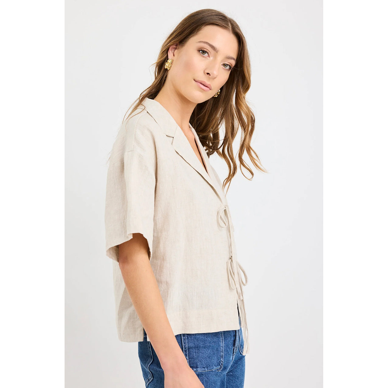 Fasten Natural Linen Tie Front Shirt