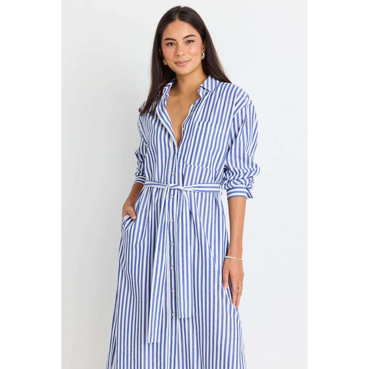 Forward Blue Stripe Cotton Midi Shirt Dress