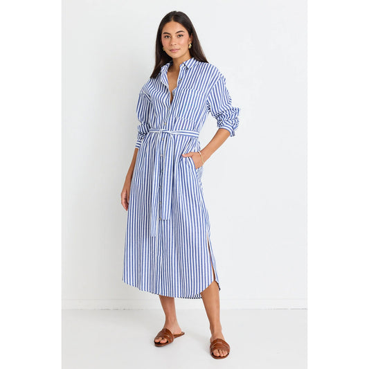 Forward Blue Stripe Cotton Midi Shirt Dress