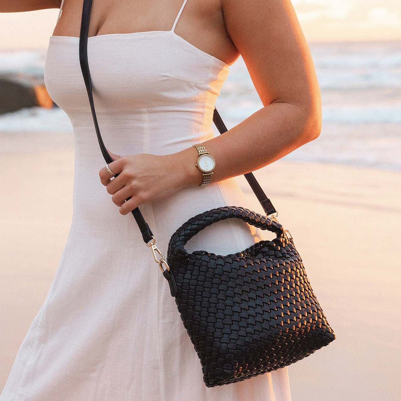 Gabby Mini Woven Shoulder Bag Black