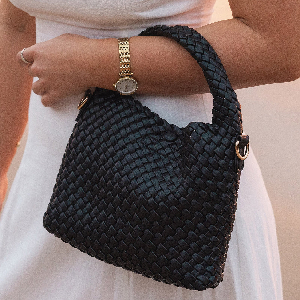 Gabby Mini Woven Shoulder Bag Black