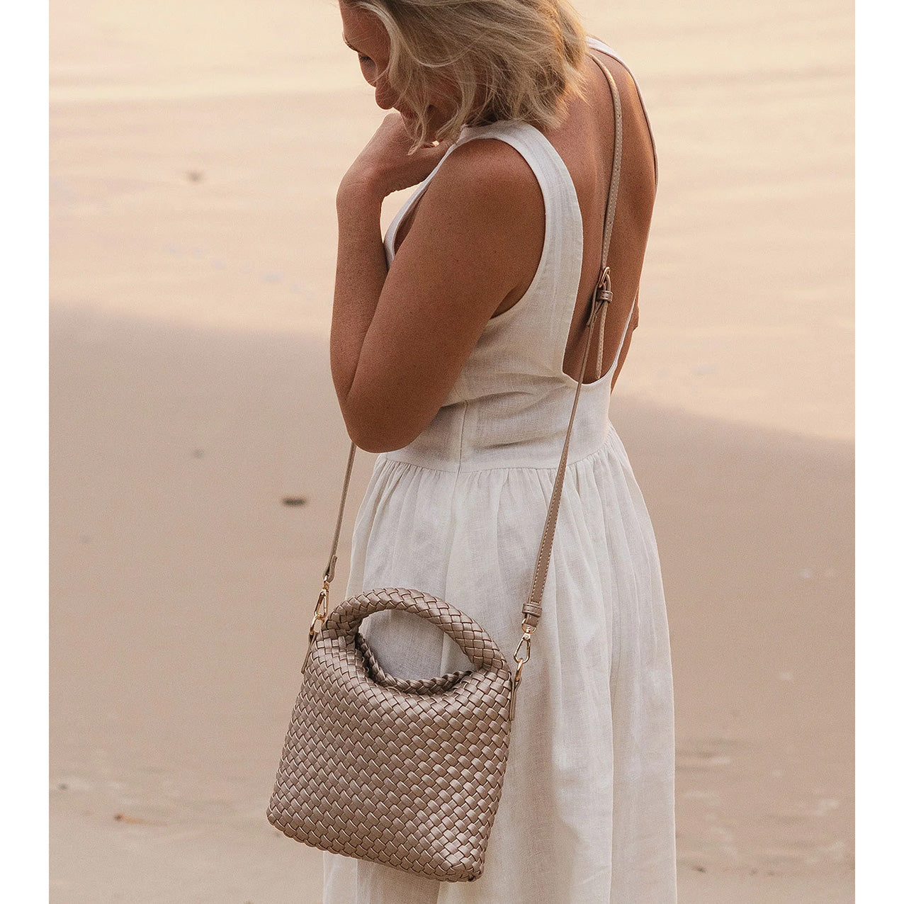 Gabby Mini Woven Shoulder Bag Pink Champagne