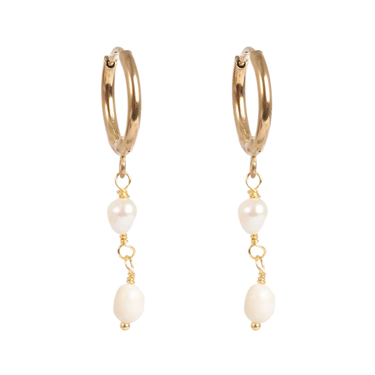 Gold Hoop Double Pearl Earrings