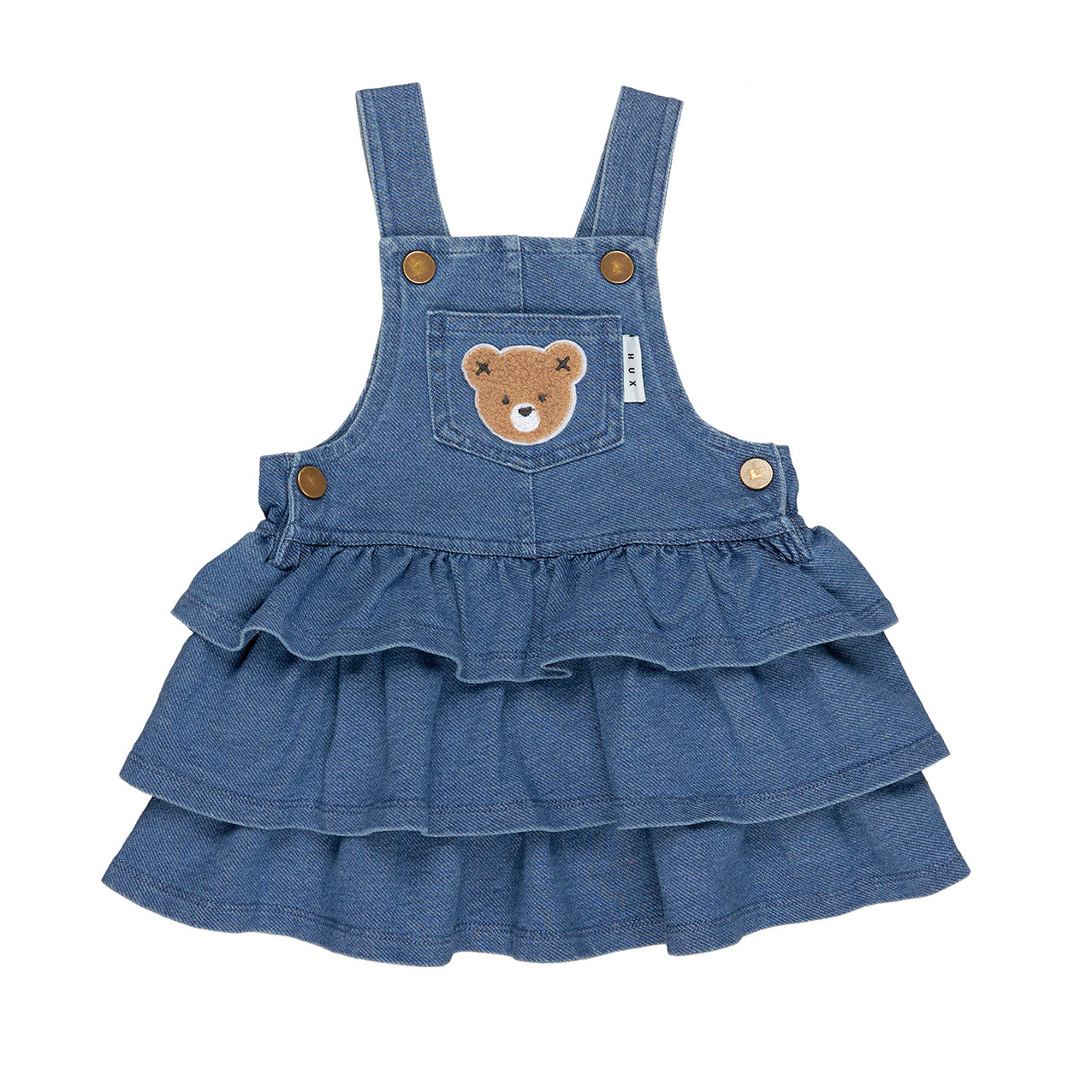 Huxbear Knit Denim Frill Overall Dress Denim Blue