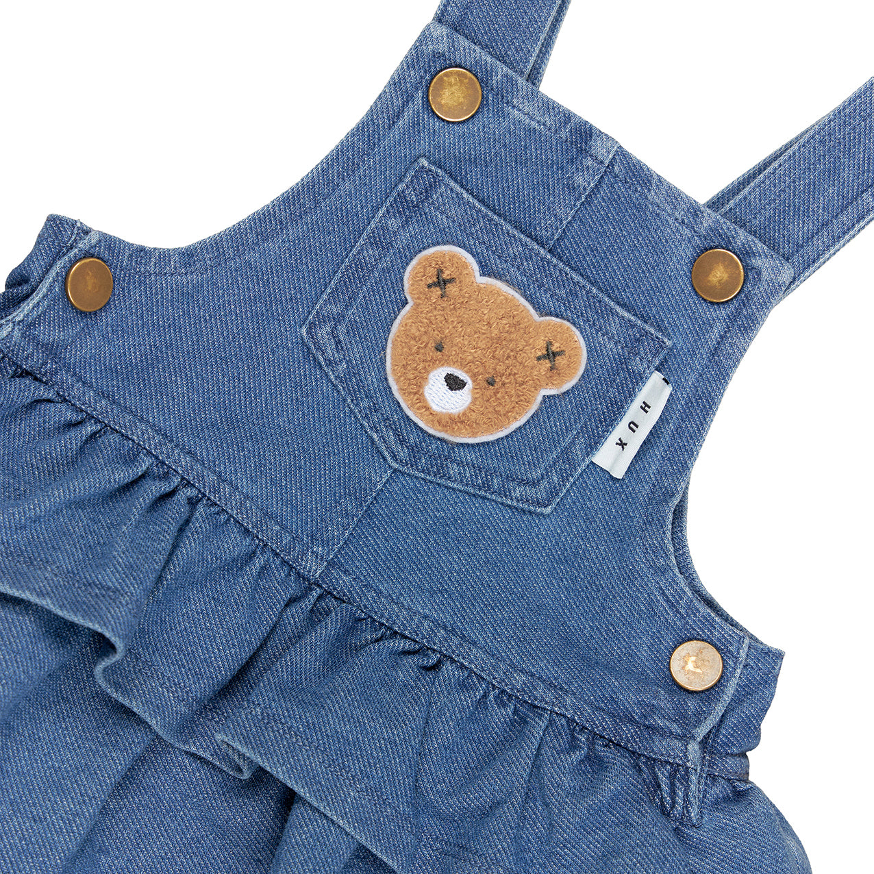 Huxbear Knit Denim Frill Overall Dress Denim Blue