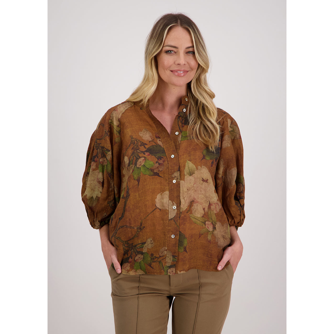 Briawood Harlow Tan Floral Ramie Shirt