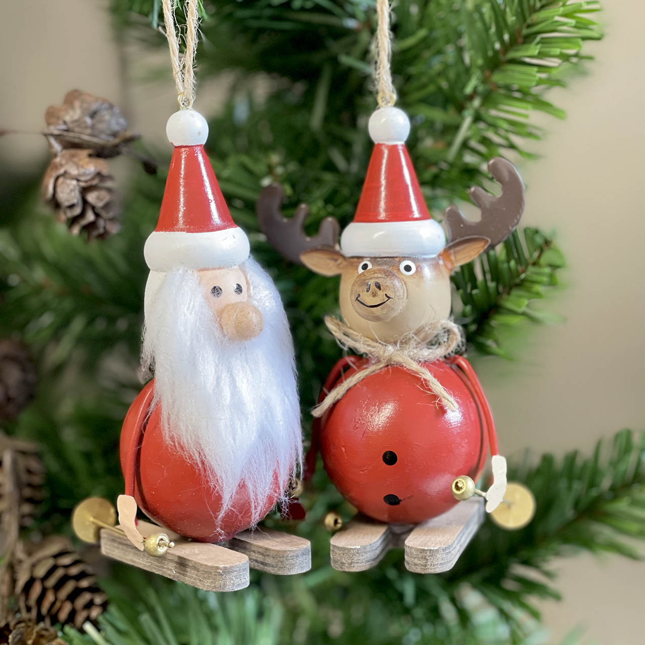 Whimsical Santa/Reindeer Skiing Red Hanging Deco