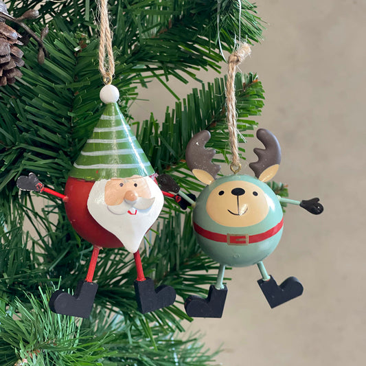 Whimsical Santa/Reindeer Round Red/Green Hanging Deco