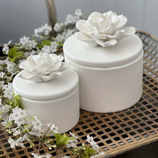 Porcelain White Flower Trinket Box Round