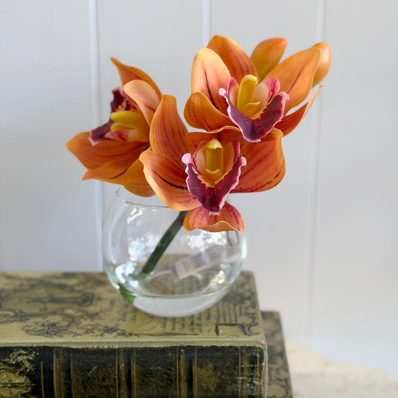 Orange Cymbidium­ in Glass Vase