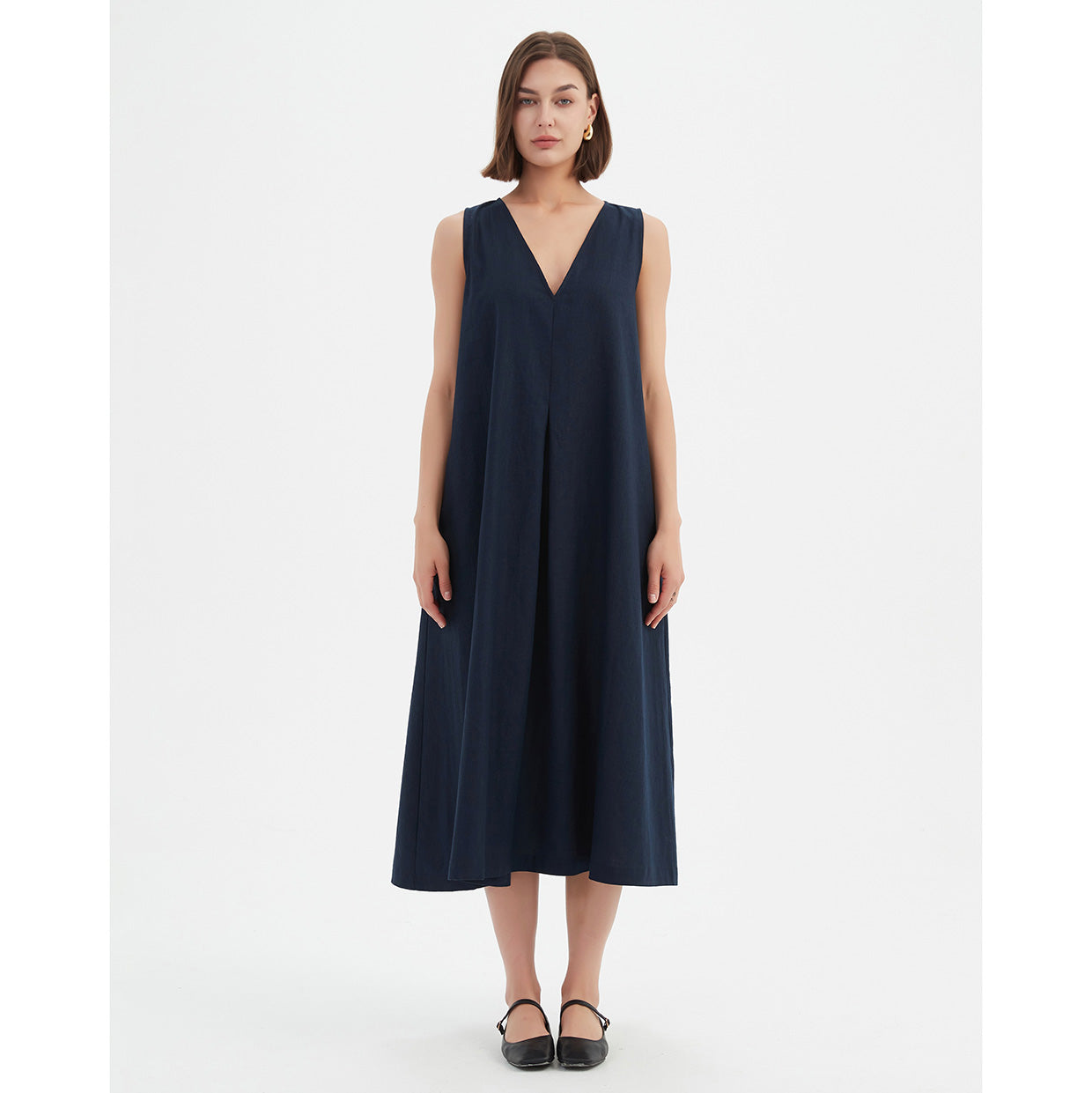 Inverted Pleat A-Line Dress Navy