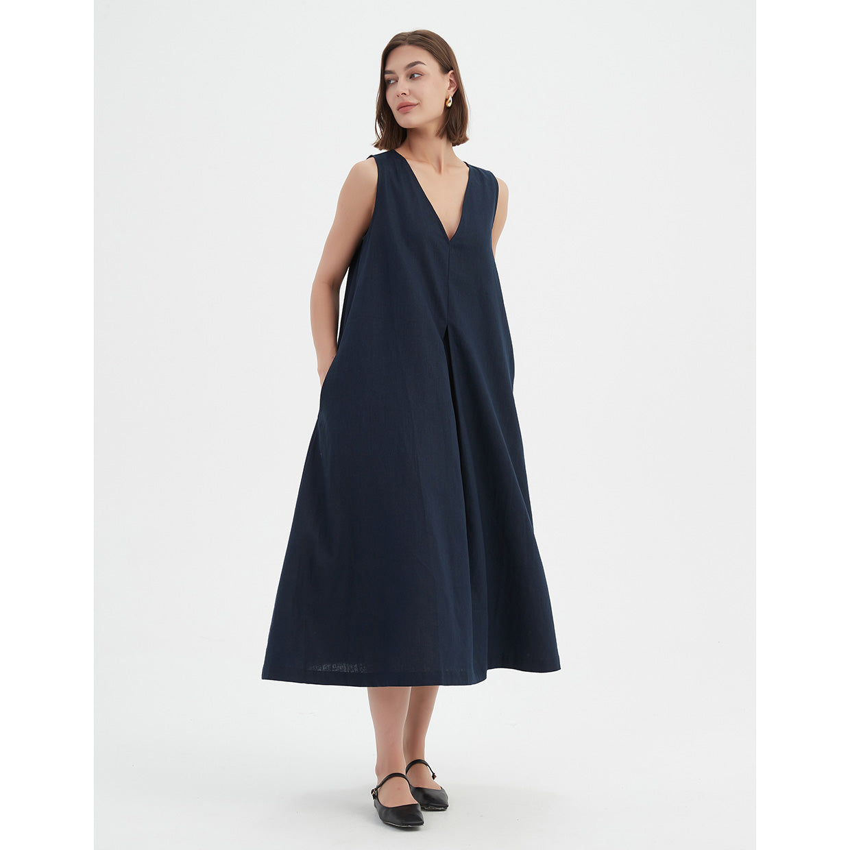 Inverted Pleat A-Line Dress Navy