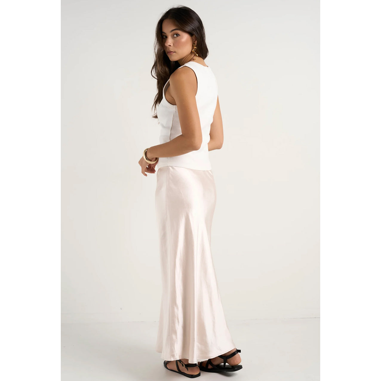 Ivy Champagne Satin Bias Midi Skirt