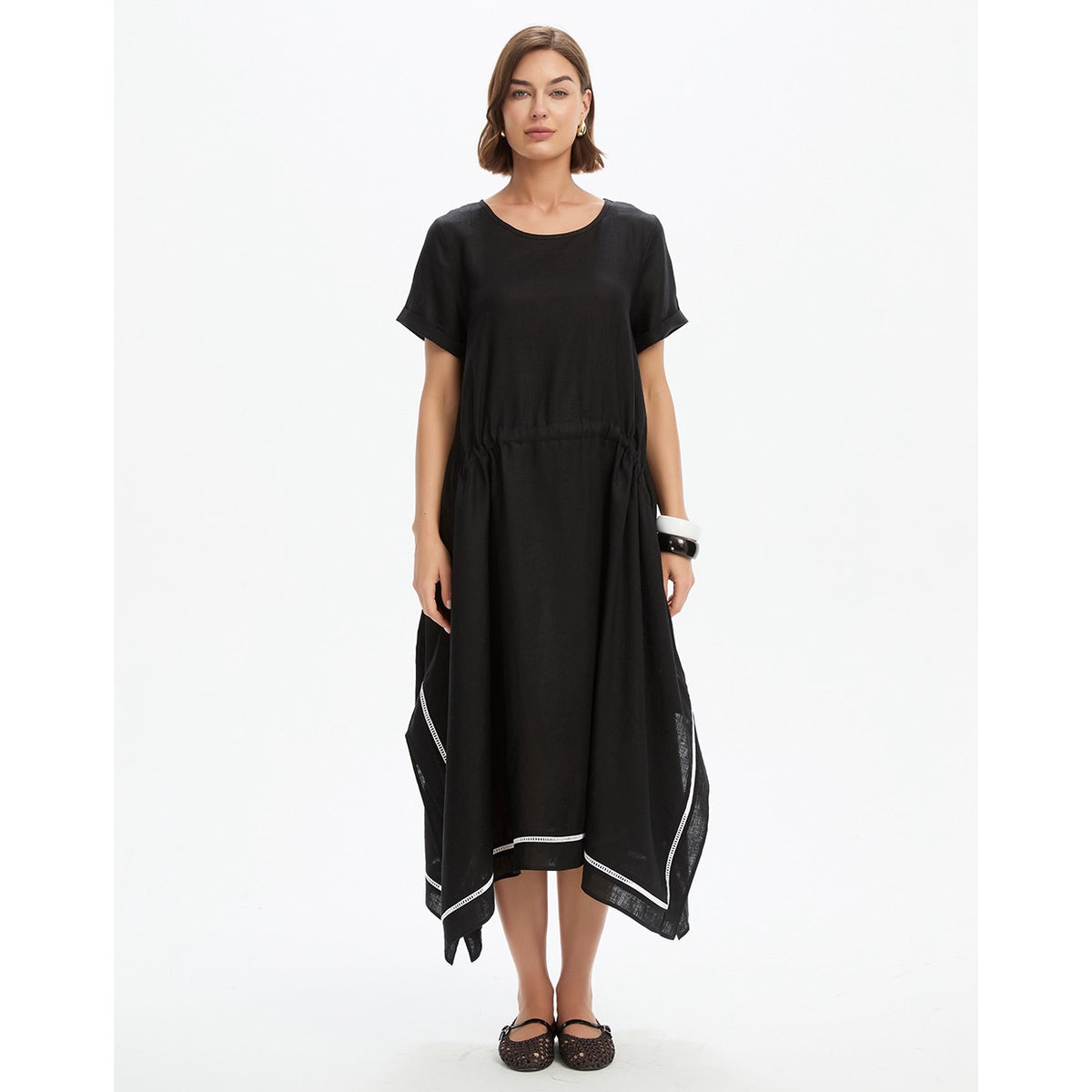 Ladder Hem Gather Tie Dress Black