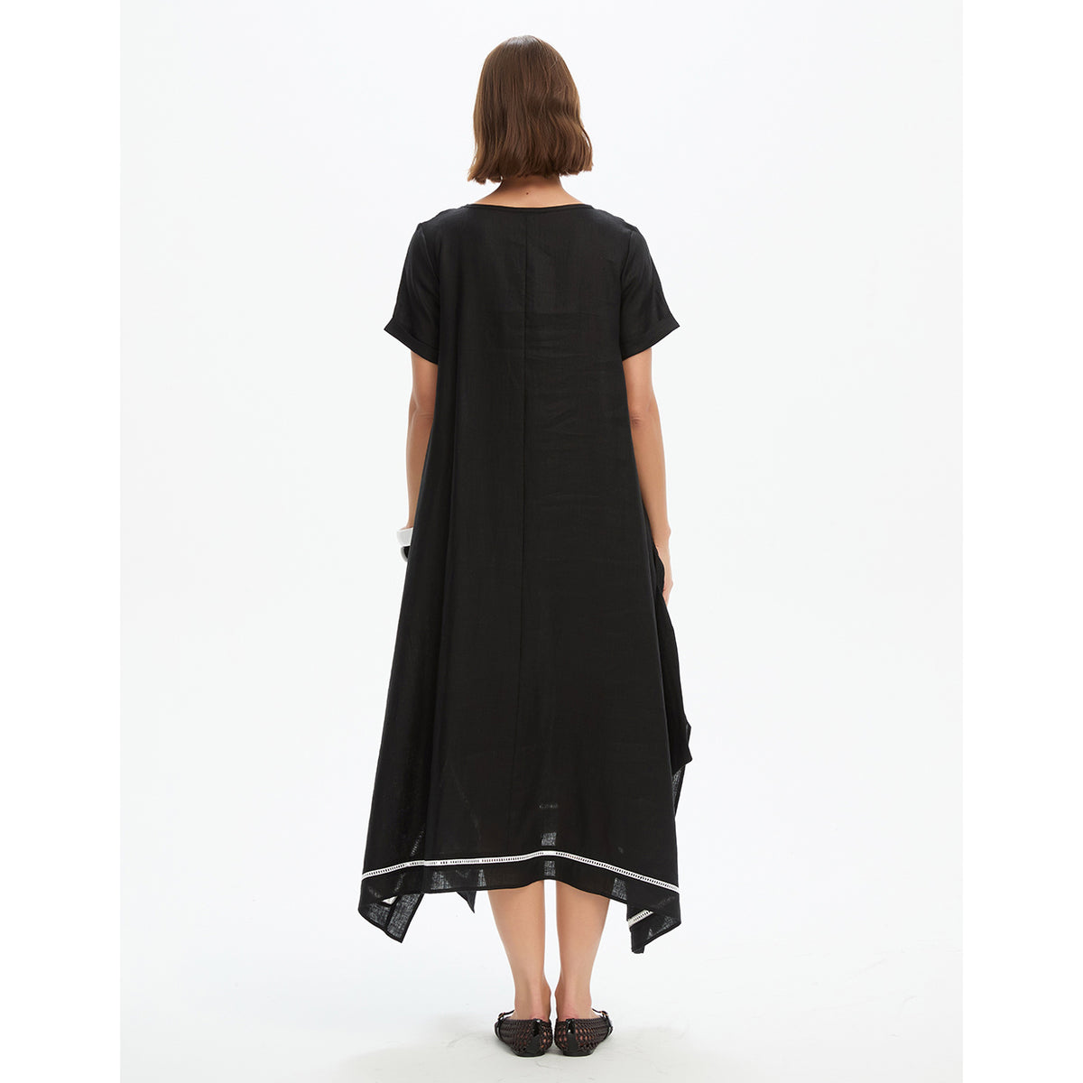Ladder Hem Gather Tie Dress Black