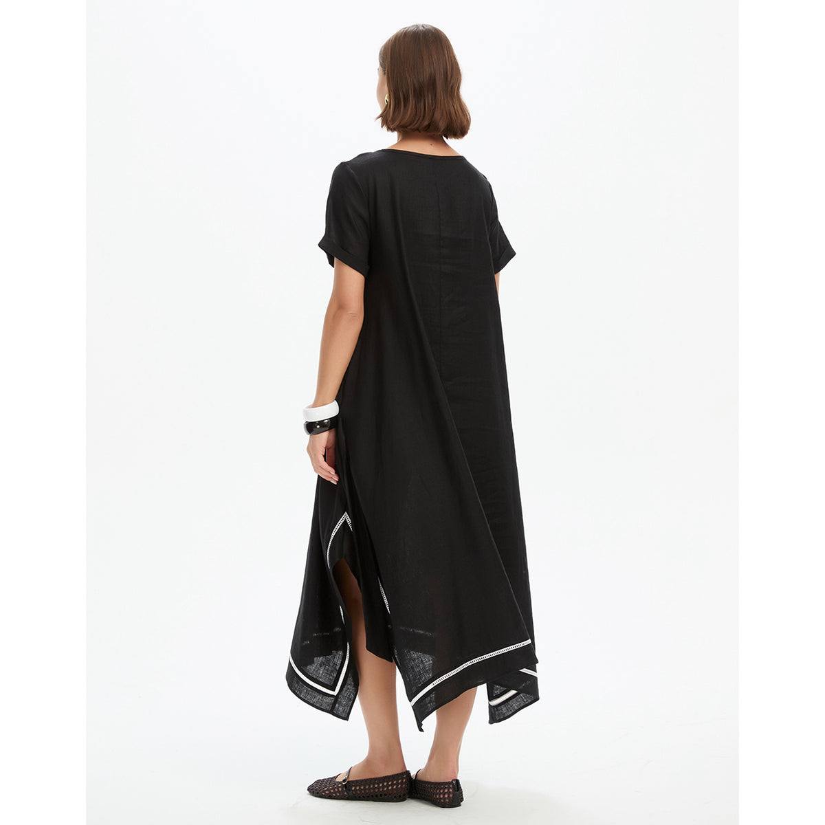 Ladder Hem Gather Tie Dress Black