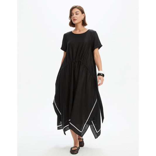 Ladder Hem Gather Tie Dress Black