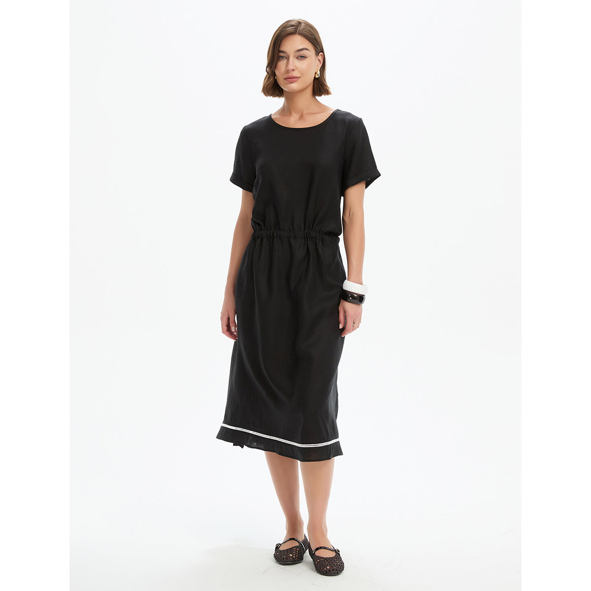 Ladder Hem Gather Tie Dress Black
