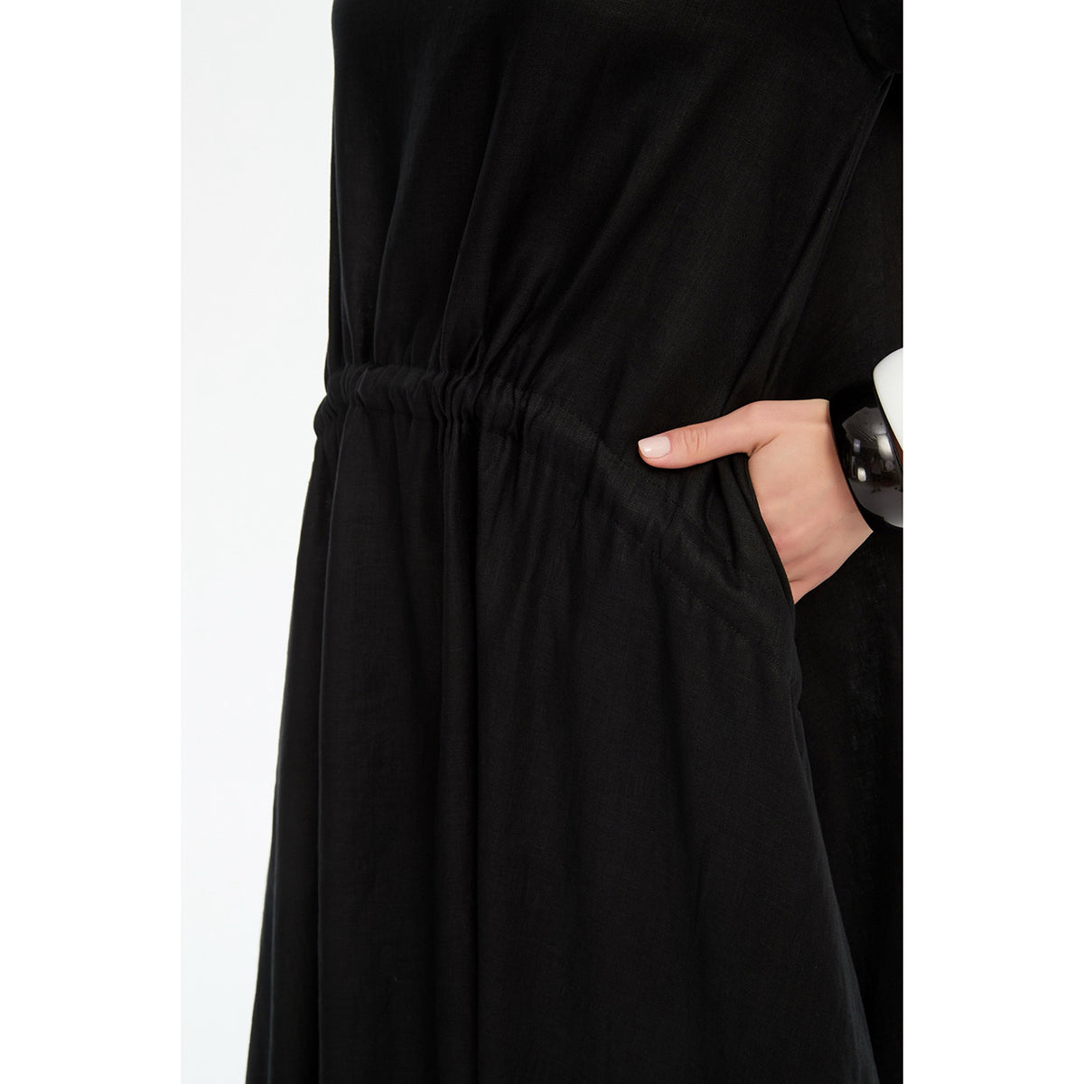 Ladder Hem Gather Tie Dress Black