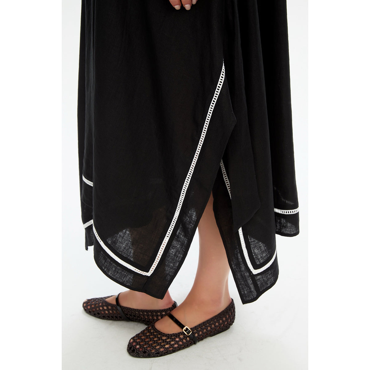 Ladder Hem Gather Tie Dress Black