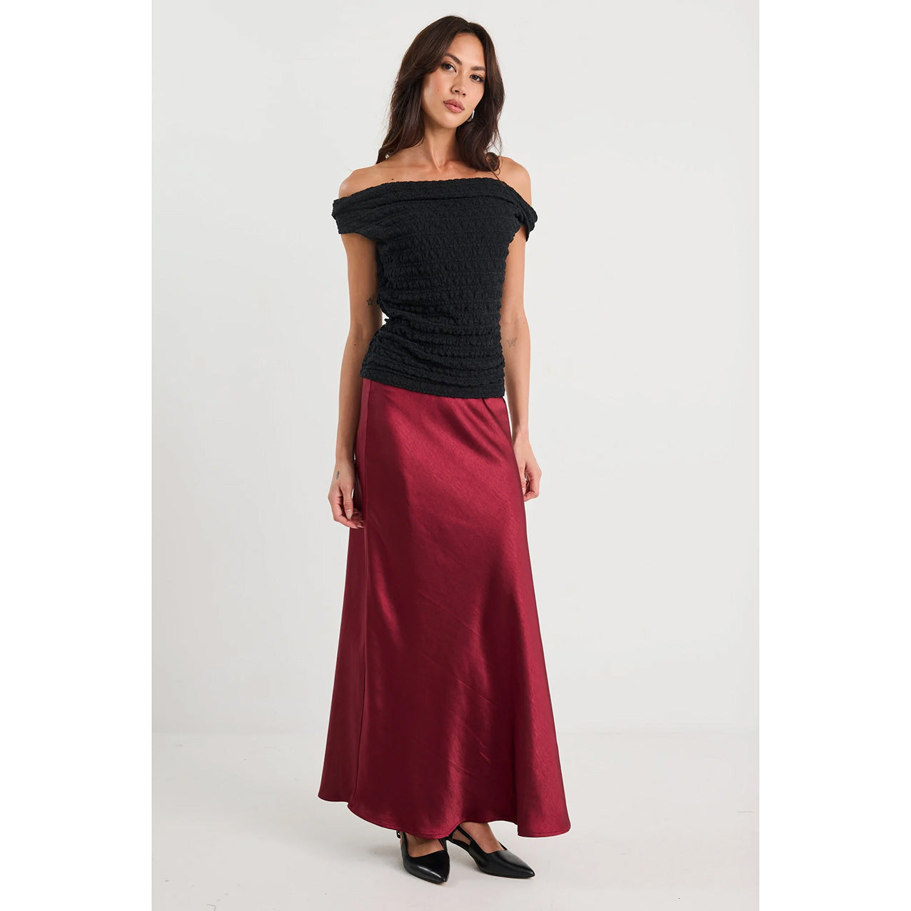 Preserve Burgundy Satin Midi Skirt