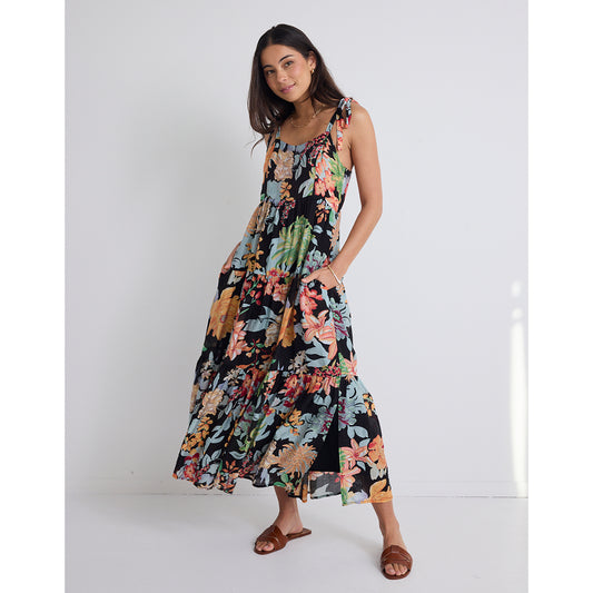 Nimbus Tropical Black Strappy Tiered Maxi Dress