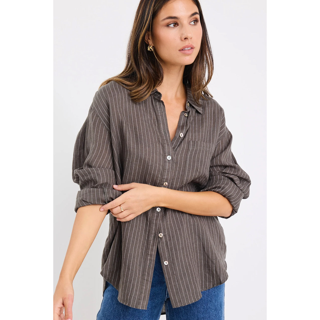 Optimum Khaki Stripe Linen Classic Shirt