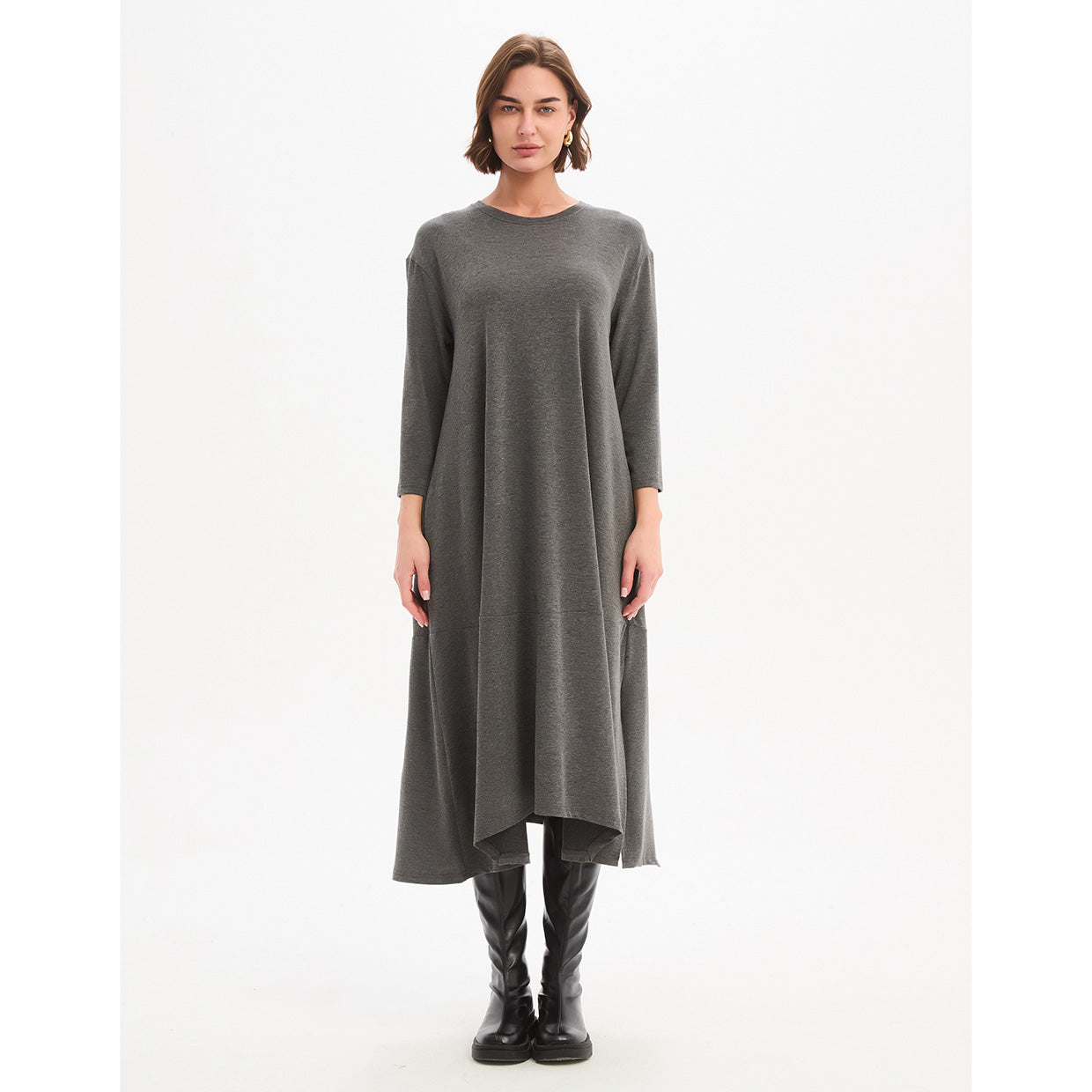 Overlay Panel Knit Dress Charcoal