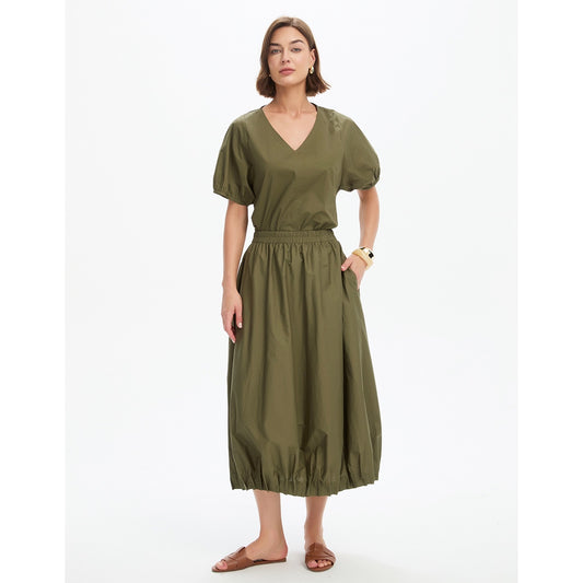 Pin Tuck Hem Poplin Skirt Khaki