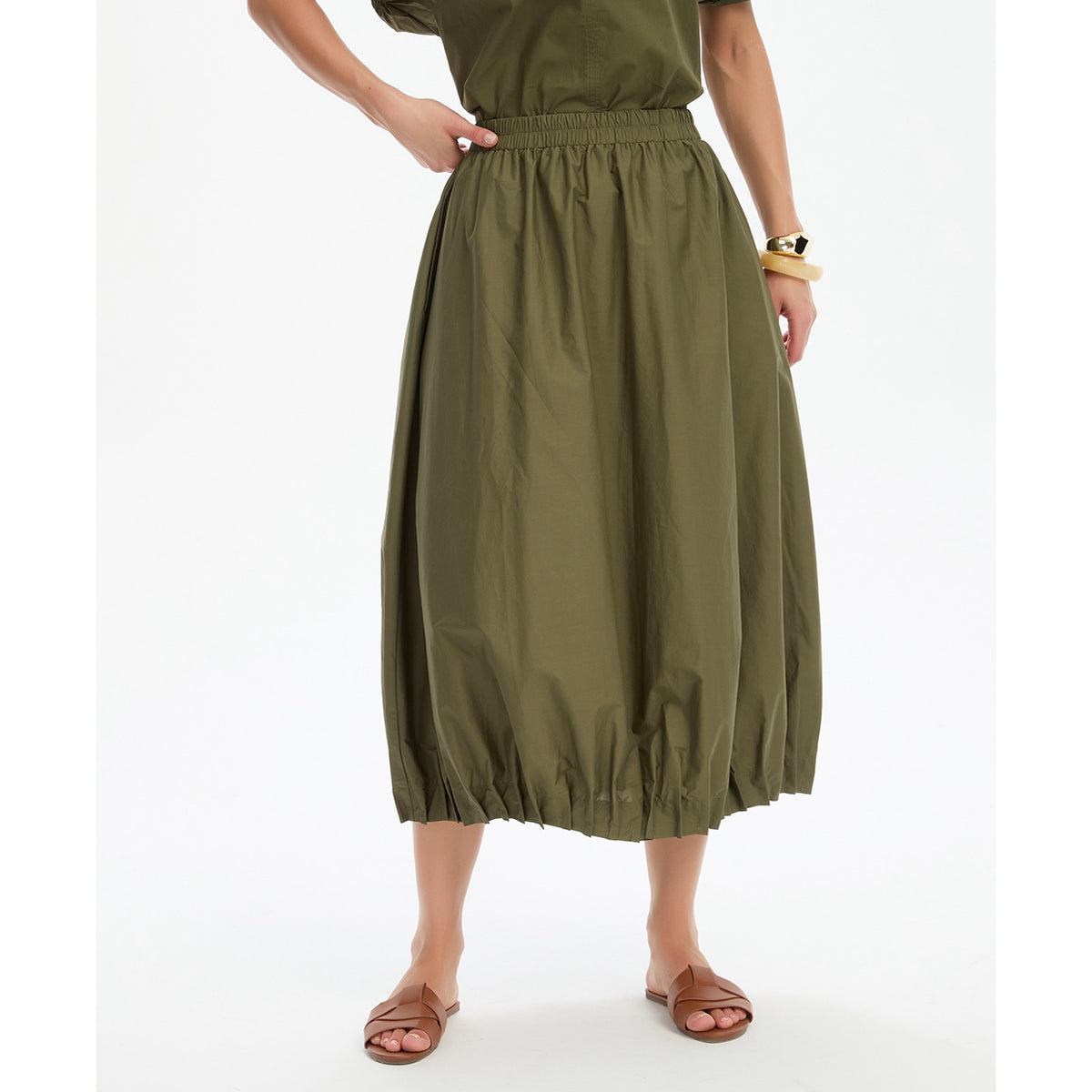 Pin Tuck Hem Poplin Skirt Khaki