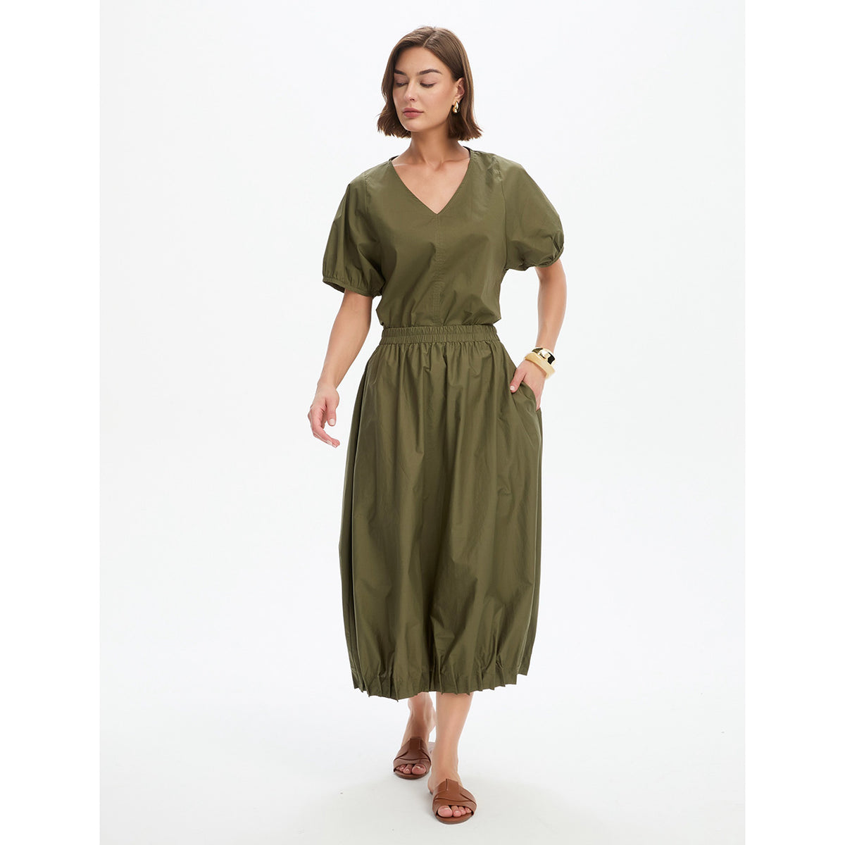 Pin Tuck Hem Poplin Skirt Khaki