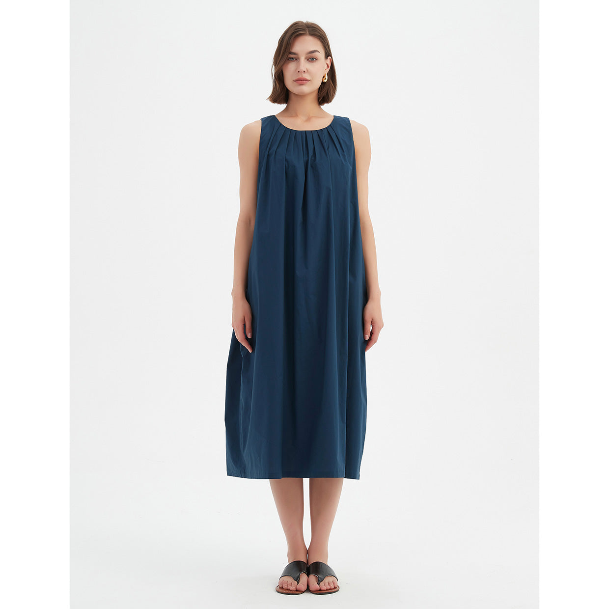 Pleat Neck Dress Deep Ocean