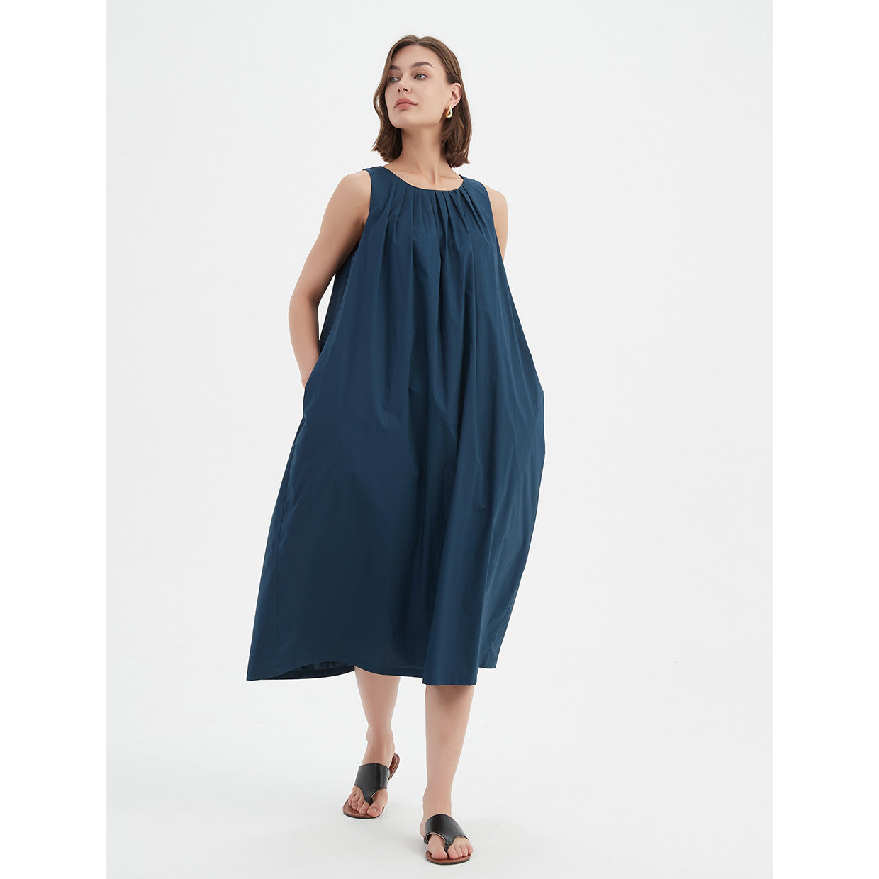 Pleat Neck Dress Deep Ocean