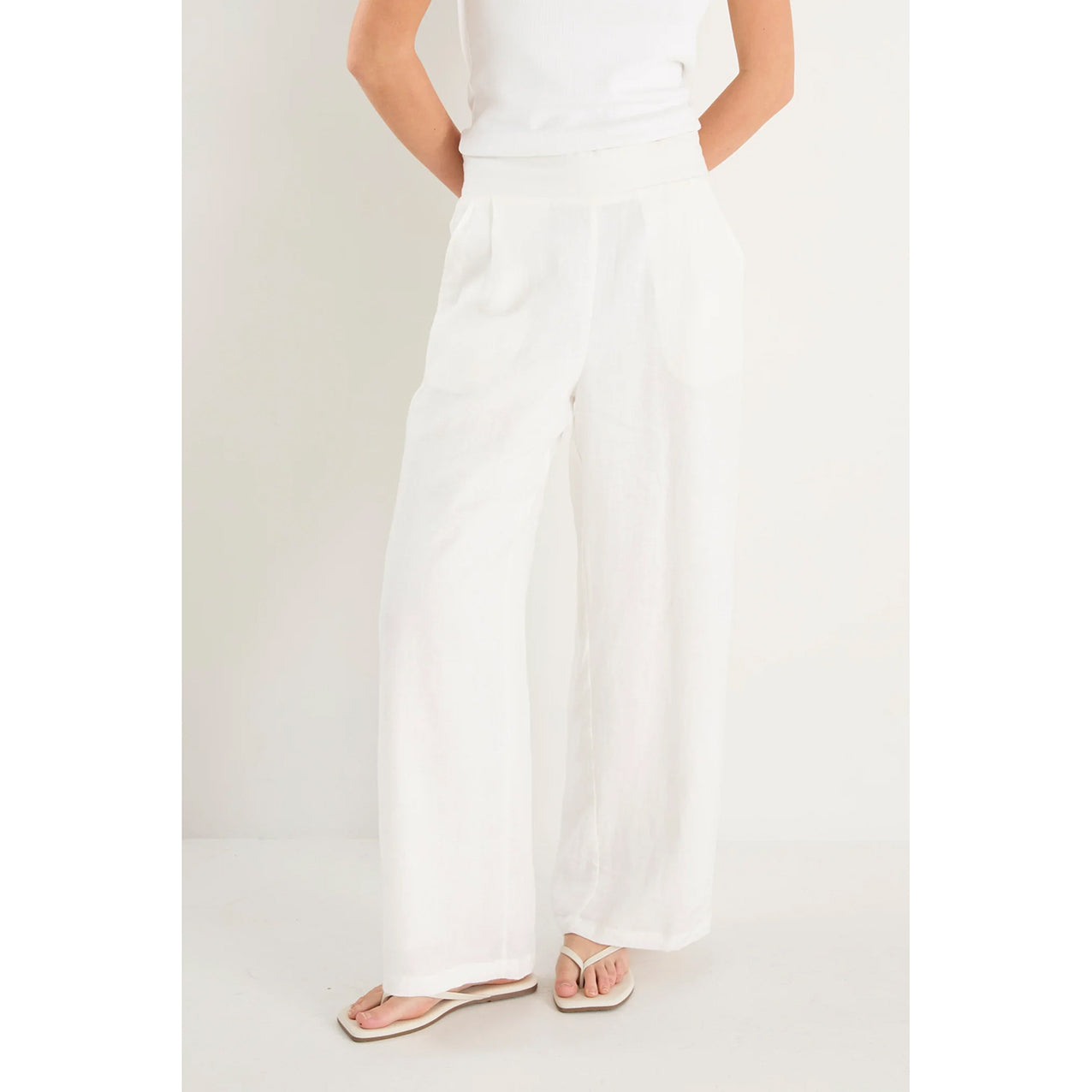 Guardian White Linen Viscose Pleat Front Wide Leg Pant