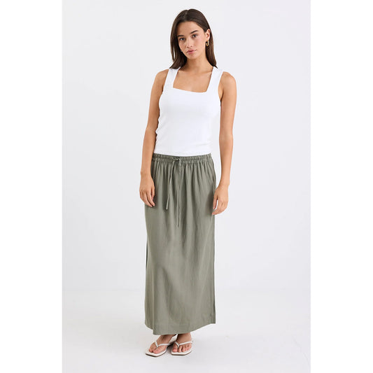 Notion Khaki Linen Blend Side Split Midi Skirt