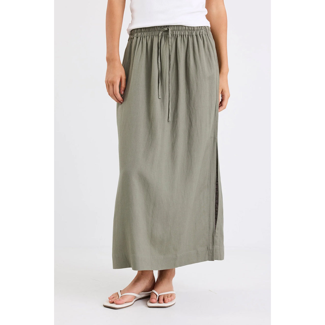 Notion Khaki Linen Blend Side Split Midi Skirt