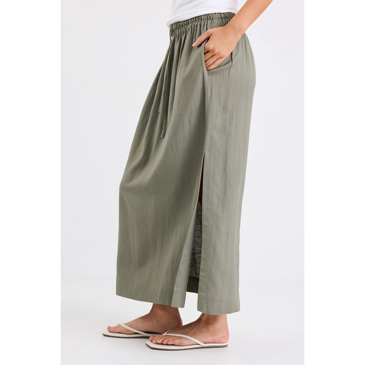 Notion Khaki Linen Blend Side Split Midi Skirt