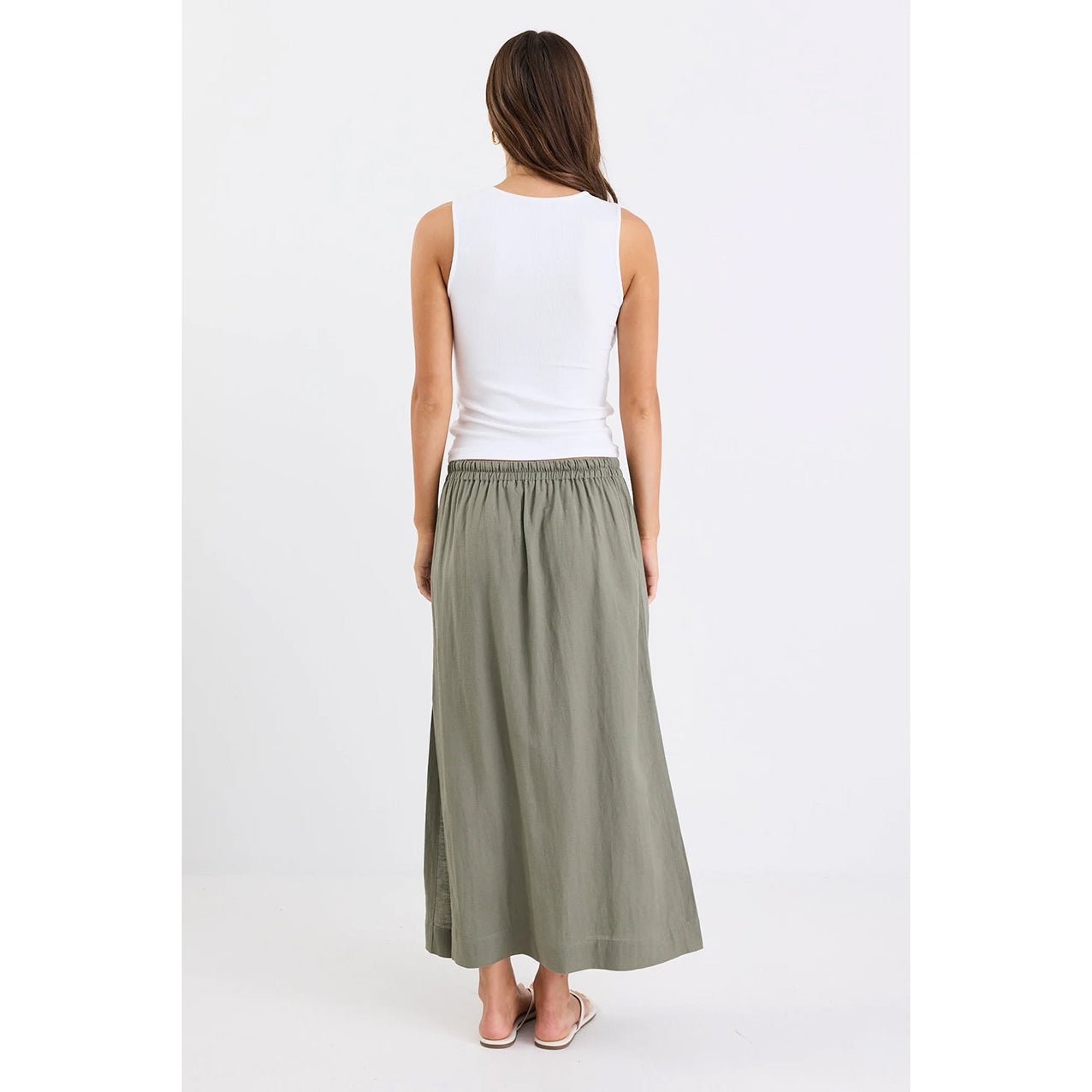 Notion Khaki Linen Blend Side Split Midi Skirt