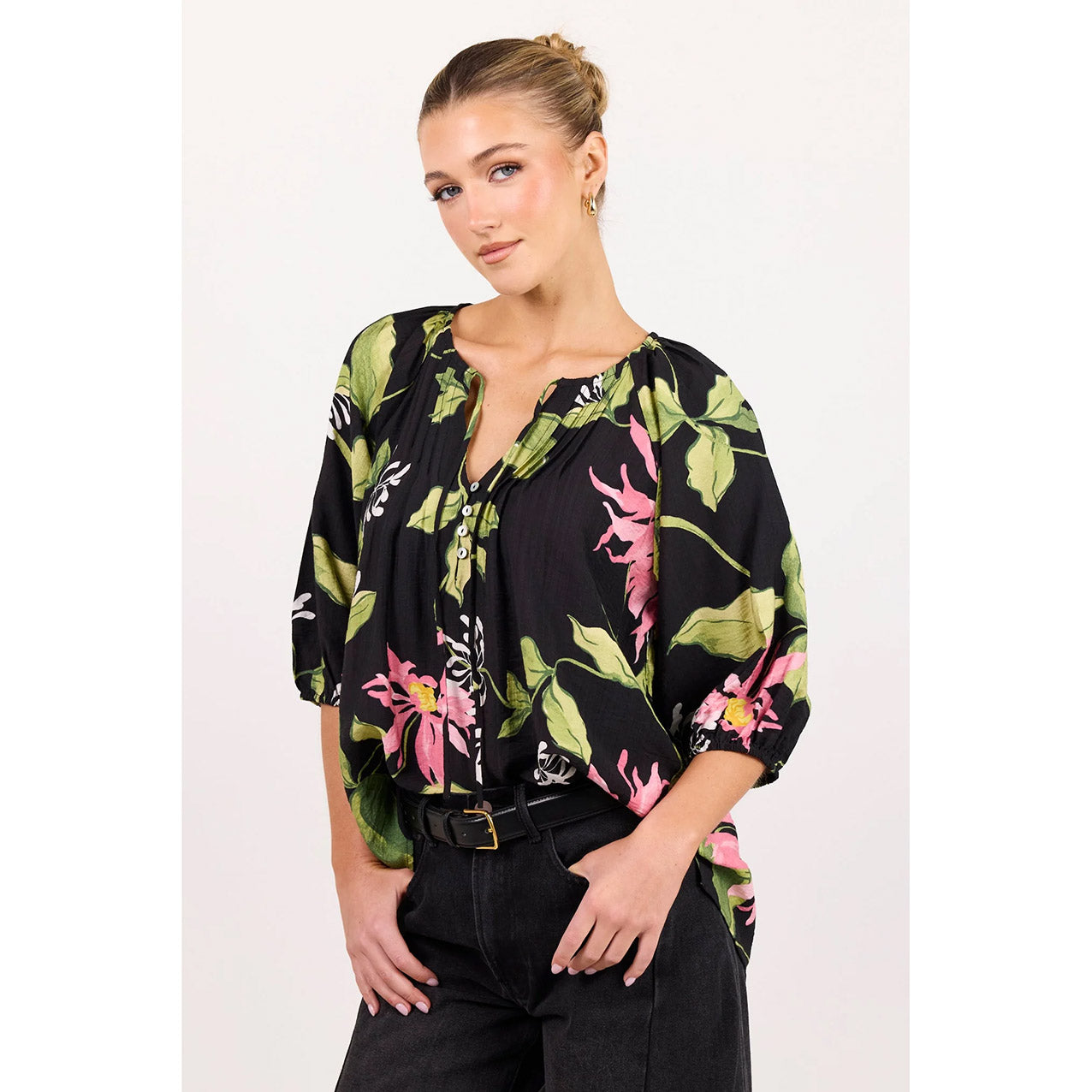 Refine Black Blush Floral Pintuck Front Top
