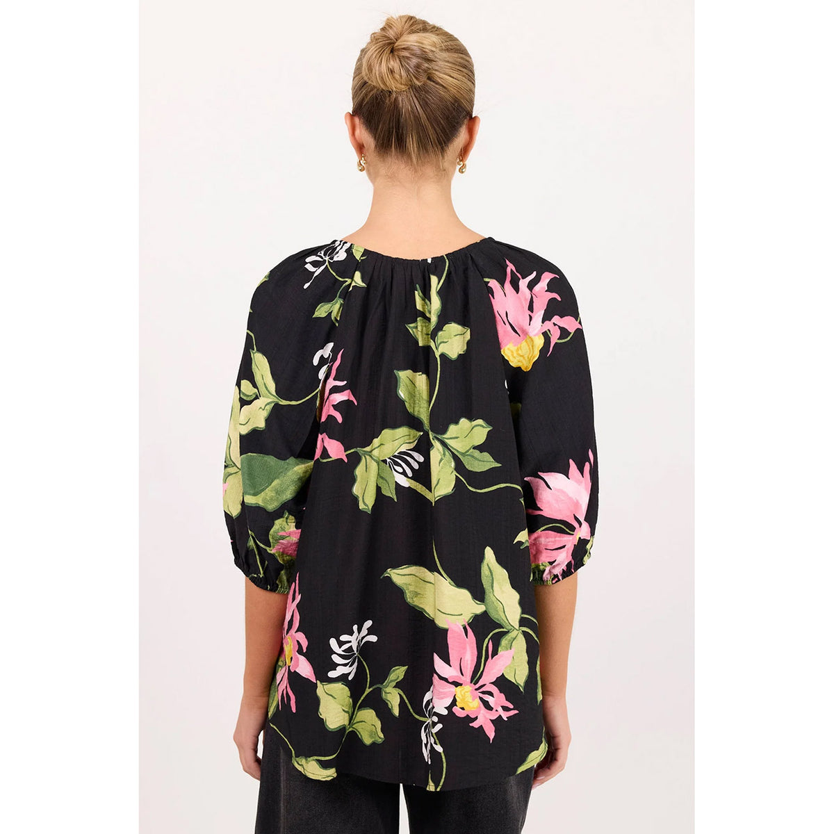 Refine Black Blush Floral Pintuck Front Top