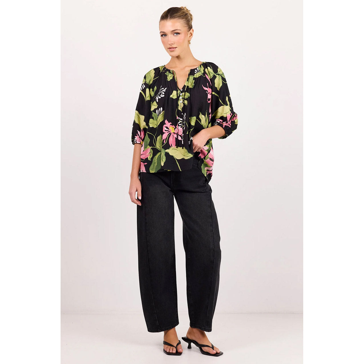 Refine Black Blush Floral Pintuck Front Top