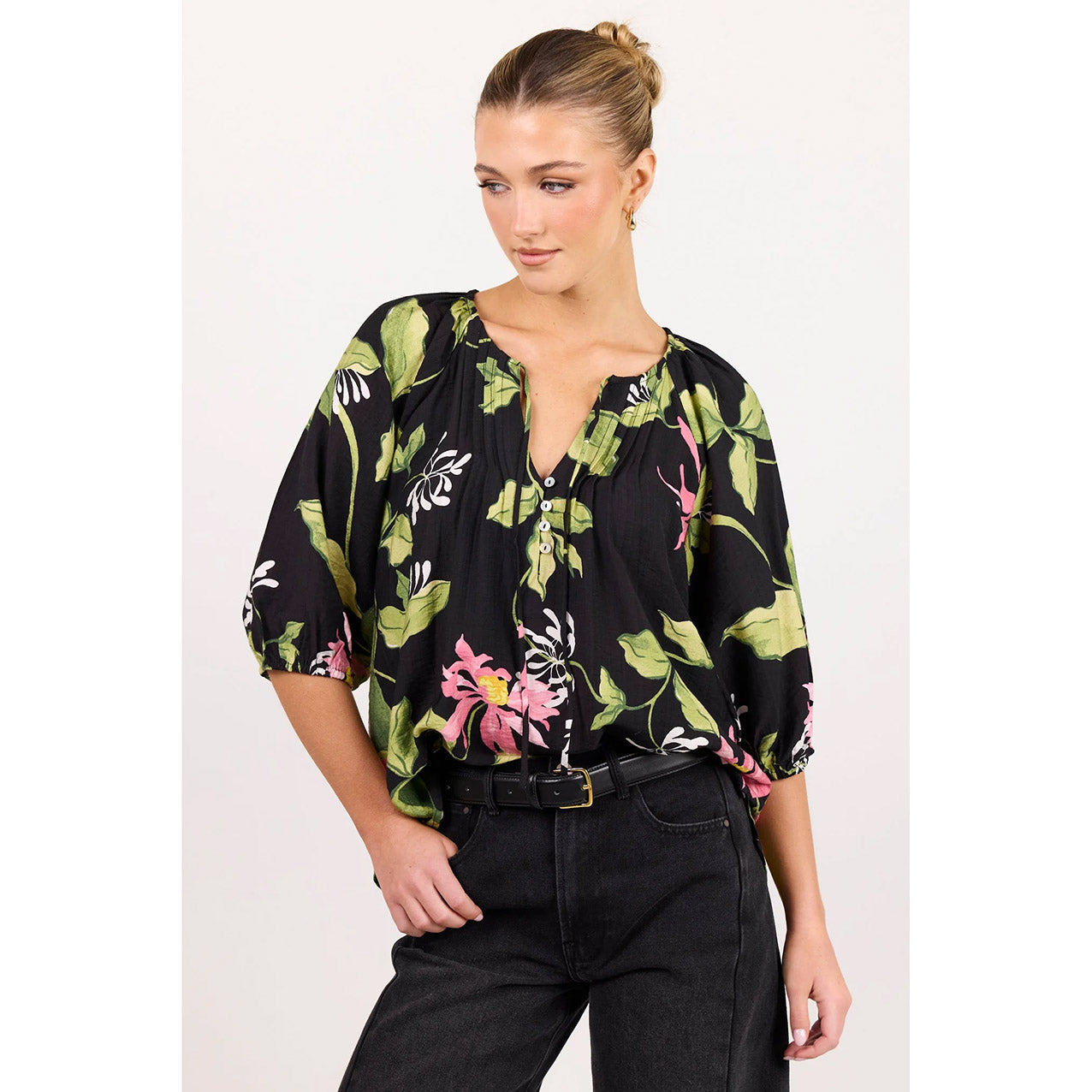 Refine Black Blush Floral Pintuck Front Top