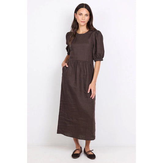 Relative Dark Chocolate Linen Puff Sleeve Maxi Dress