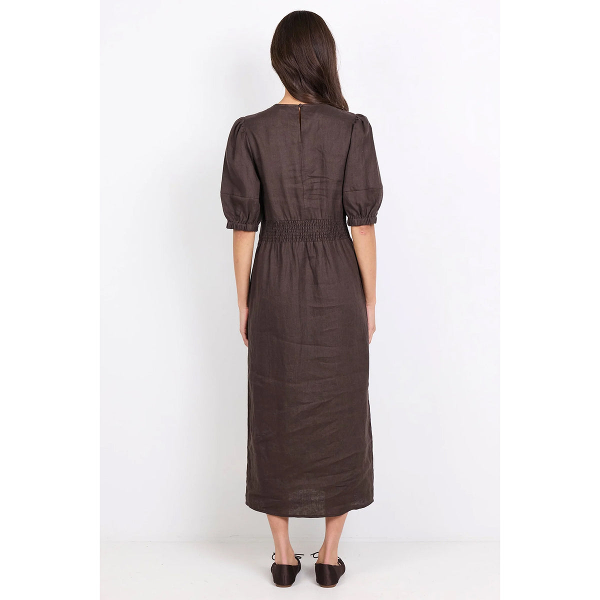 Relative Dark Chocolate Linen Puff Sleeve Maxi Dress