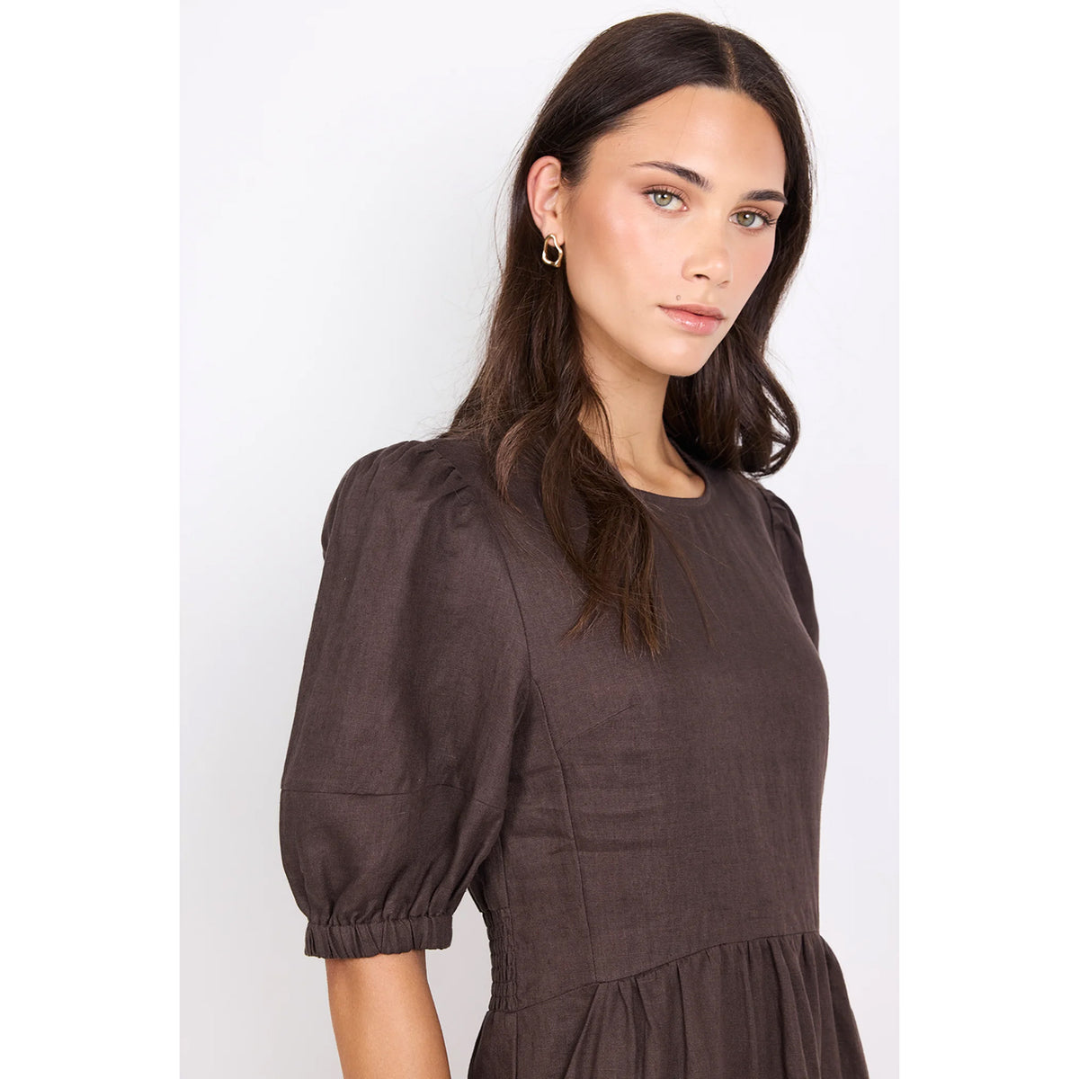 Relative Dark Chocolate Linen Puff Sleeve Maxi Dress