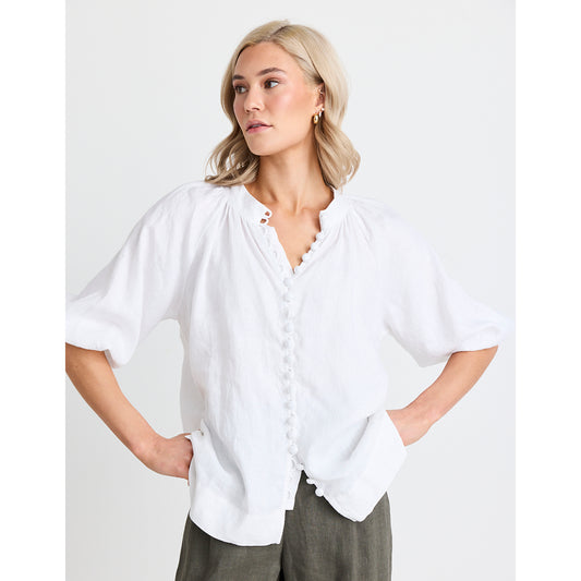 Restoration White Linen Button Front Mid Sleeve Blouse