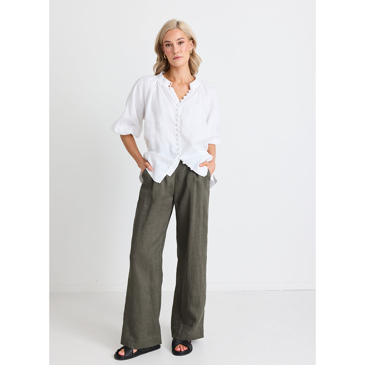 Bestow Dark Olive Linen Wide Leg Pants