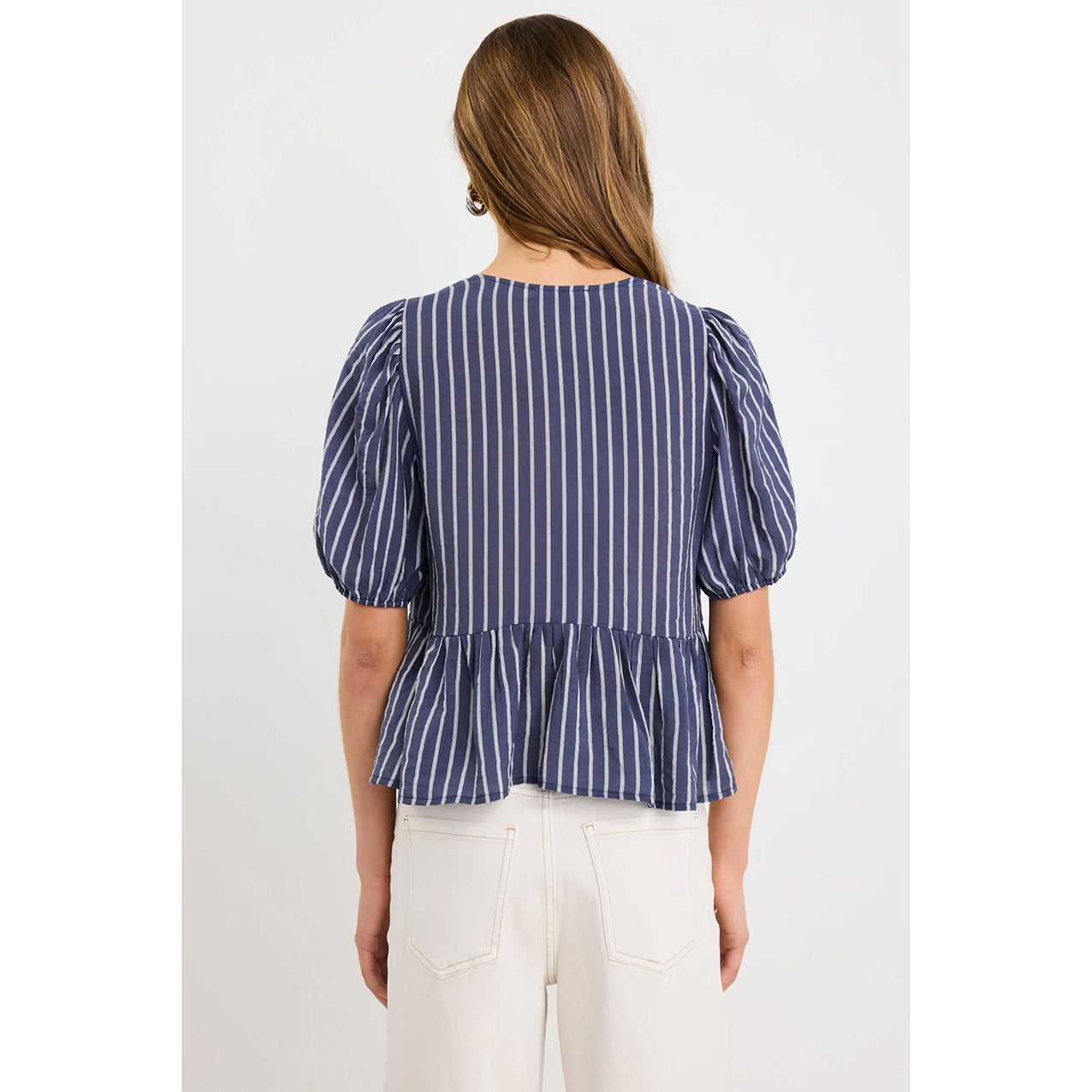 Restore Navy Stripe Peplum Top