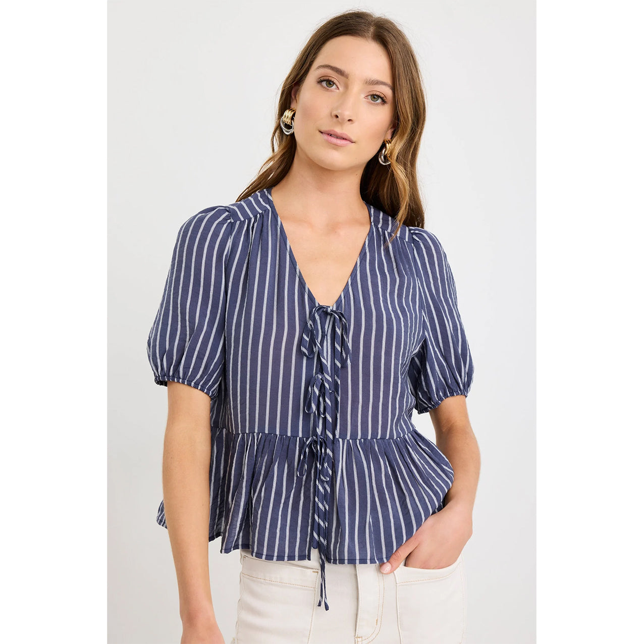 Restore Navy Stripe Peplum Top