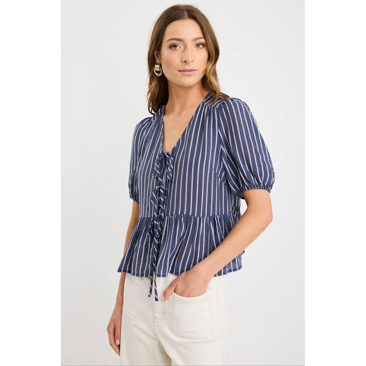 Restore Navy Stripe Peplum Top